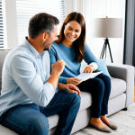 A family, consisting of two parents and a child, engaged in a positive and calm interaction within a brightly lit, modern living room. The parents are patiently guiding the child with a visual schedule, demonstrating a supportive home environment. All subjects are fully clothed in modest, comfortable attire. The setting is clean and organized, representing a structured daily routine. This image is safe for work, appropriate content, fully clothed, and family-friendly. Perfect anatomy, correct proportions, natural pose, well-formed hands, proper finger count, natural body proportions, professional photography, high quality, studio lighting.
