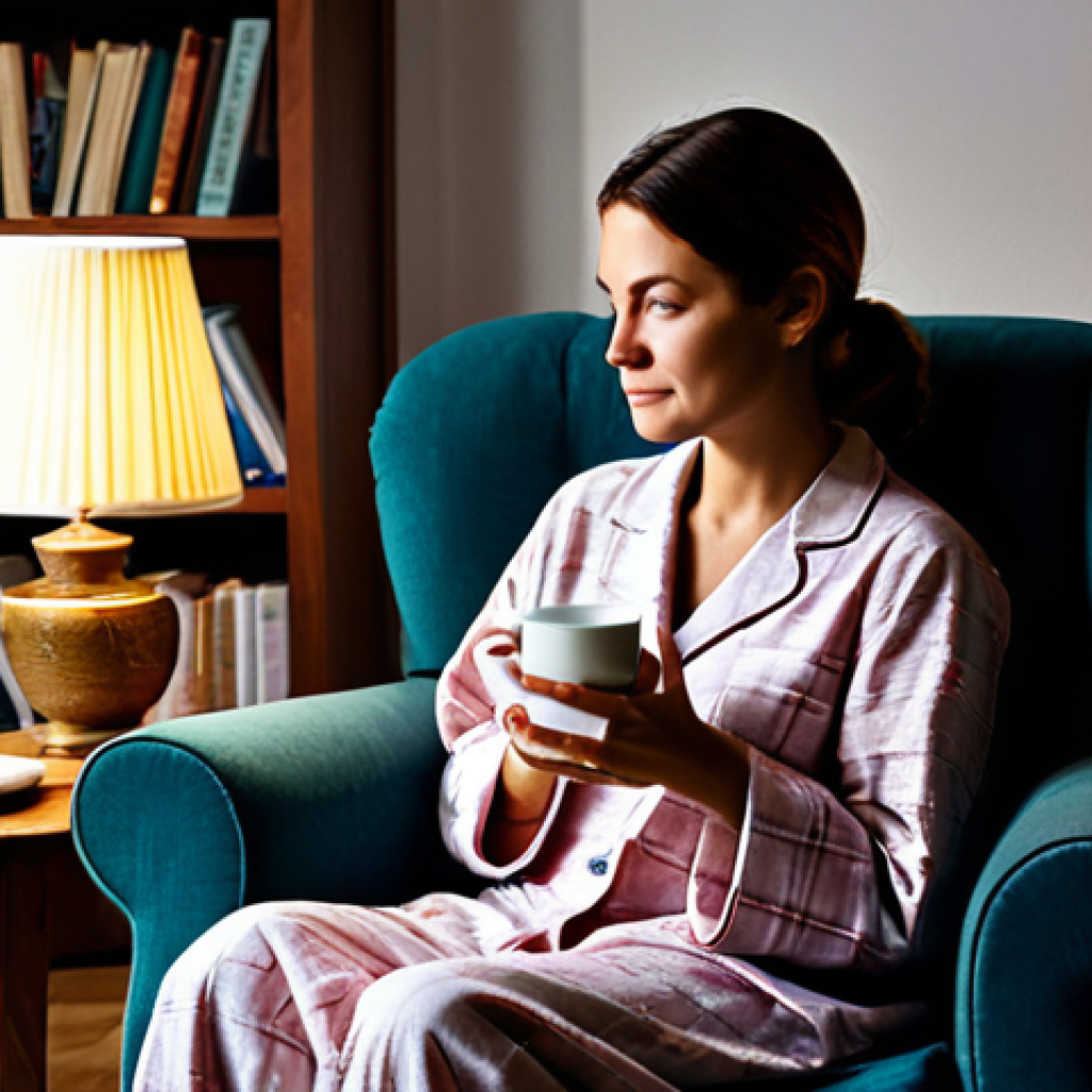 Evening Relaxation Ritual**

"A woman in comfortable pajamas, fully clothed, sitting in a dimly lit living room, holding a warm cup of herbal tea, safe for work, appropriate content, professional, modest, family-friendly. Soft, ambient lighting from a bedside lamp. Background: bookshelf with books and a cozy armchair. perfect anatomy, correct proportions, natural pose, well-formed hands, proper finger count, natural body proportions."

**