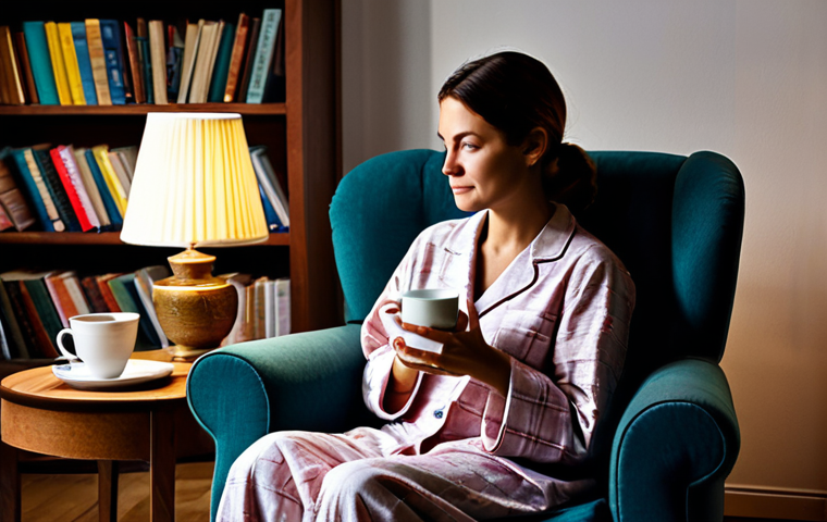 Evening Relaxation Ritual**
"A woman in comfortable pajamas, fully clothed, sitting in a dimly lit living room, holding a warm cup of herbal tea, safe for work, appropriate content, professional, modest, family-friendly. Soft, ambient lighting from a bedside lamp. Background: bookshelf with books and a cozy armchair. perfect anatomy, correct proportions, natural pose, well-formed hands, proper finger count, natural body proportions."
**