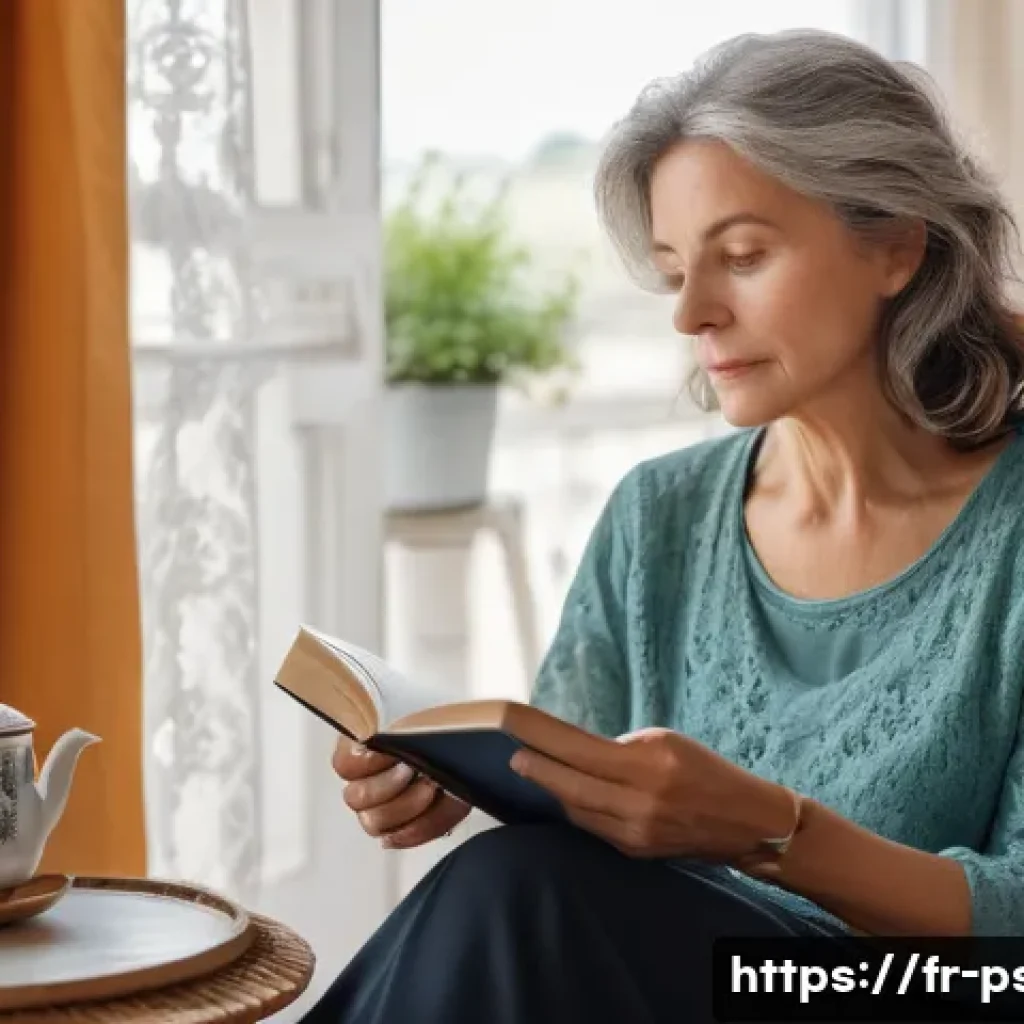 우울증 약물 치료 부작용 - A middle-aged French woman sitting quietly in a cozy living room with soft natural light filtering t...