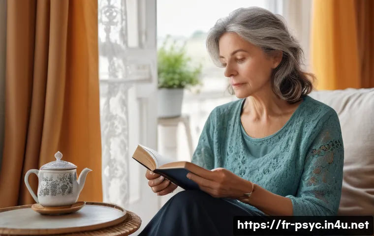 우울증 약물 치료 부작용 - A middle-aged French woman sitting quietly in a cozy living room with soft natural light filtering t...
