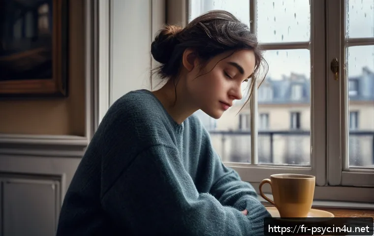 공황장애와 우울증의 연관성 - A detailed digital painting of a young French woman sitting alone in a softly lit Parisian apartment...