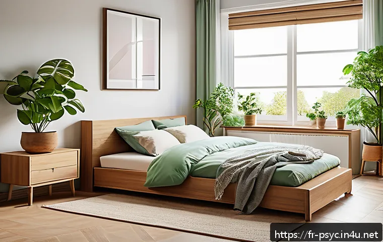 조울증 관리 방법 - A serene and cozy bedroom interior designed to promote emotional stability, featuring soft natural l...