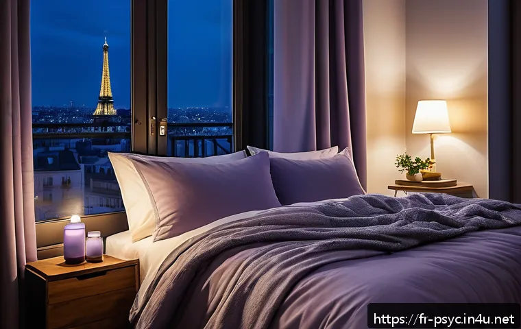 불면증 원인과 해결법 - A cozy bedroom scene in a modern Parisian apartment at night, featuring soft lavender and chamomile ...