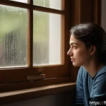 Home 23 우울증 자가 진단법 - A thoughtful adult woman sitting quietly by a window in a softly lit room, looking introspective and...
