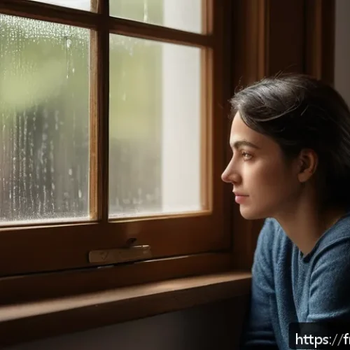 Home 17 우울증 자가 진단법 - A thoughtful adult woman sitting quietly by a window in a softly lit room, looking introspective and...