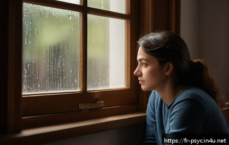 우울증 자가 진단법 - A thoughtful adult woman sitting quietly by a window in a softly lit room, looking introspective and...