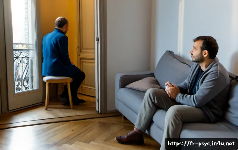 Home 17 공황장애와 강박증의 관계 - Photorealistic French apartment interior, a worried adult seated on a sofa in a calm Parisian-style ...