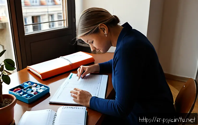 조울증 재발 방지법 - Photorealistic French adult woman in her early forties calmly organizing a weekly wellness routine a...