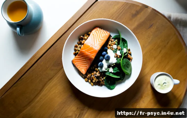 Home 17 우울증 환자를 위한 음식 - Photorealistic overhead view of a calming French-style Mediterranean meal for emotional wellbeing: g...